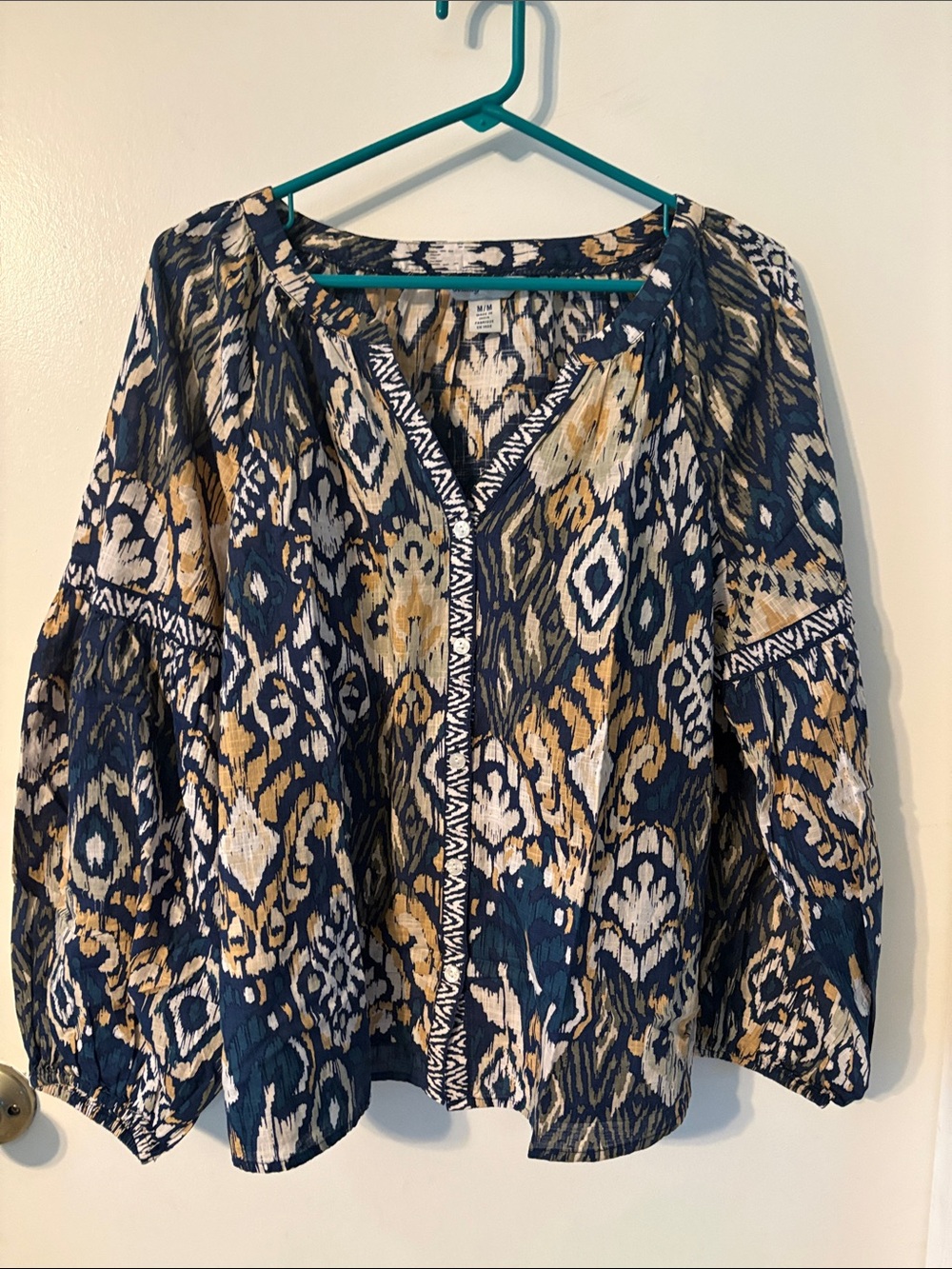 Tommy Bahama Navy, Mustard & White Ikat Peasant Blouse